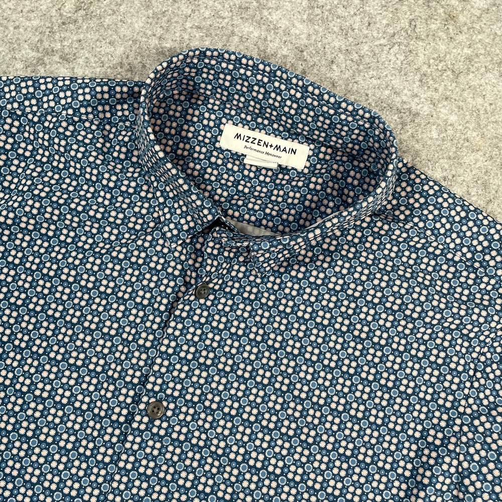Mizzen+Main Mens Button Up Shirt M Blue Geometric Floral Performance Trim Fit